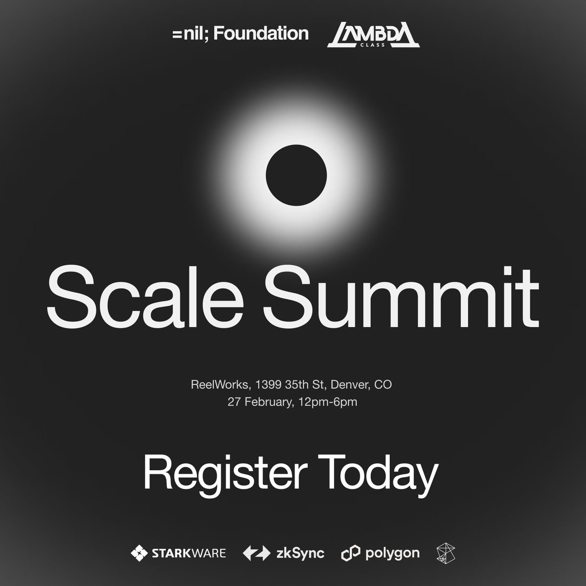Come by to Scale Summit at <a href="/EthereumDenver/">ETHDenver 🏔🦬🦄</a>, hosted by <a href="/nil_foundation/">=nil; Foundation</a> and <a href="/class_lambda/">LambdaClass</a>.

Join us on Feb 27 for a day of content and networking with zk and Ethereum scaling leaders, including <a href="/StarkWareLtd/">StarkWare (BTCFi arc) 🥷</a>, <a href="/0xPolygon/">Polygon</a>, <a href="/zksync/">ZKsync</a>, and <a href="/polychain/">Polychain</a>!

RSVP:
lu.ma/ScaleSummit2024