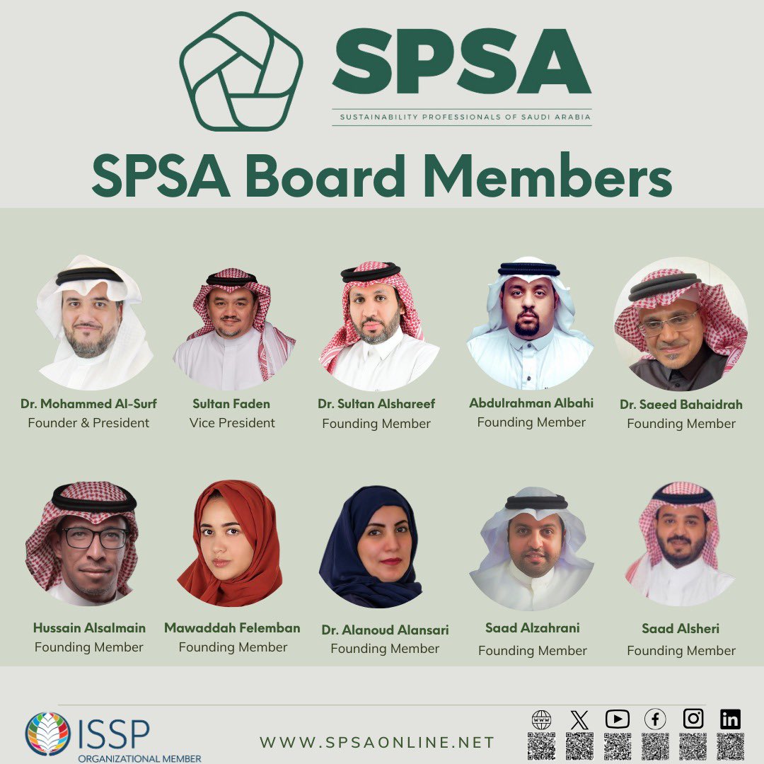 Sustainability Professionals of Saudi Arabia (SPSA) is proud to announce the founding board members and we are honored to have them onboard 

SPSA  is a member of International Society of Sustainability Professionals <a href="/ISSP_Org/">ISSP</a>