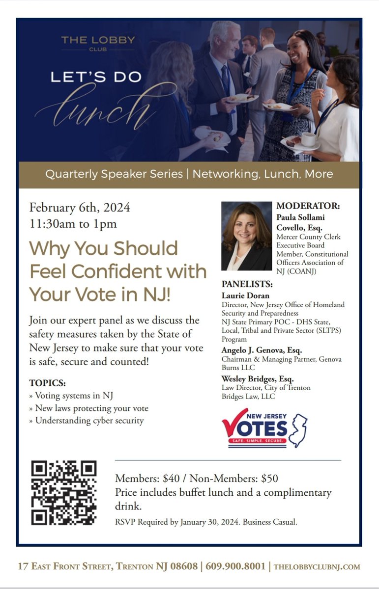 #GenovaBurns <a href="/AJGenovaEsq/">Angelo J. Genova</a>. to participate on "Why You Should Feel Confident With Your Vote In #NewJersey" panel on Feb. 6 - There is still time to register - please scan the QR code on the below flyer to confirm your RSVP. #NowMoreThanEver #NJVotes #ElectionLaw #VotingRights