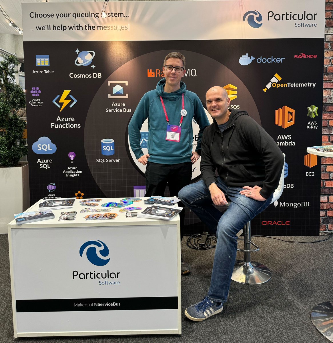 Hello #NDCLondon! @masternak, @williambza and <a href="/noctovis/">Laila Bougria</a> are all set up at the Particular booth to hear all about your distributed challenges and eventual inconsistencies, especially if they’re duplicated! Come say hi! 👋