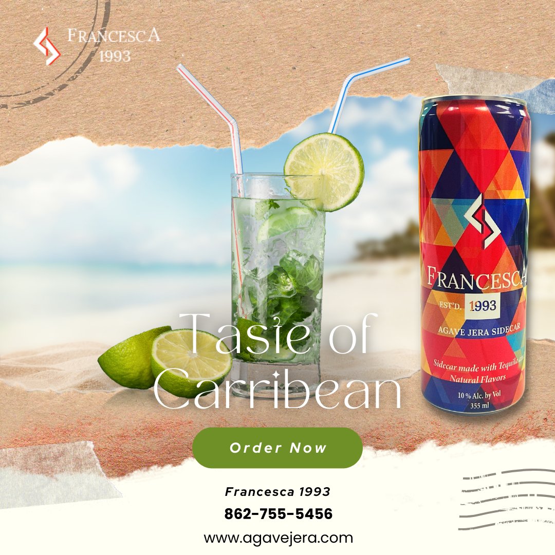 AgaveJera's tweet photo. Experience the refreshing waves of Agave Jera Sidercar, featuring Francesca 1993, a tantalizing fusion of tequila and natural flavors, all at a refreshing 10% ABV. Ordering online at https://t.co/DMFtD6M7cE! 🌊

#RefreshingWaves #AgaveJeraSidercarAdventure #Francesca1993 https://t.co/uJUYjcTfPw