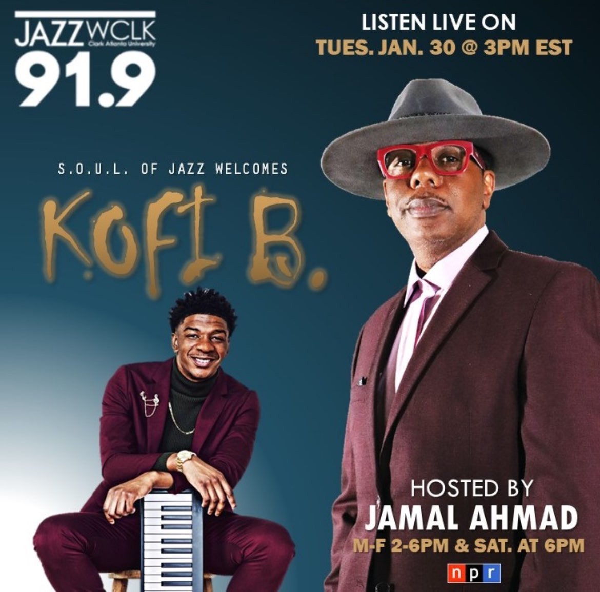 Join us today at 3pm for the #SOULofJazz with @jamalahmad19 and special guest @KofiBMusic 👏🏾✊🏿📻 #JanalAhmad #WCLK919 #HBCURadio #CAU #KofiBMusic