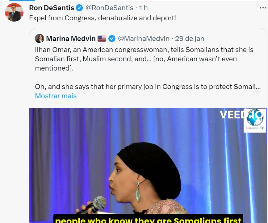 BREAKING REPORT: ⚠️  Florida Governor Ron Desantis calls for the EXPULSION AND DEPORTATION of Rep. Ilhan Omar.

DO YOU SUPPORT THIS DECISION?