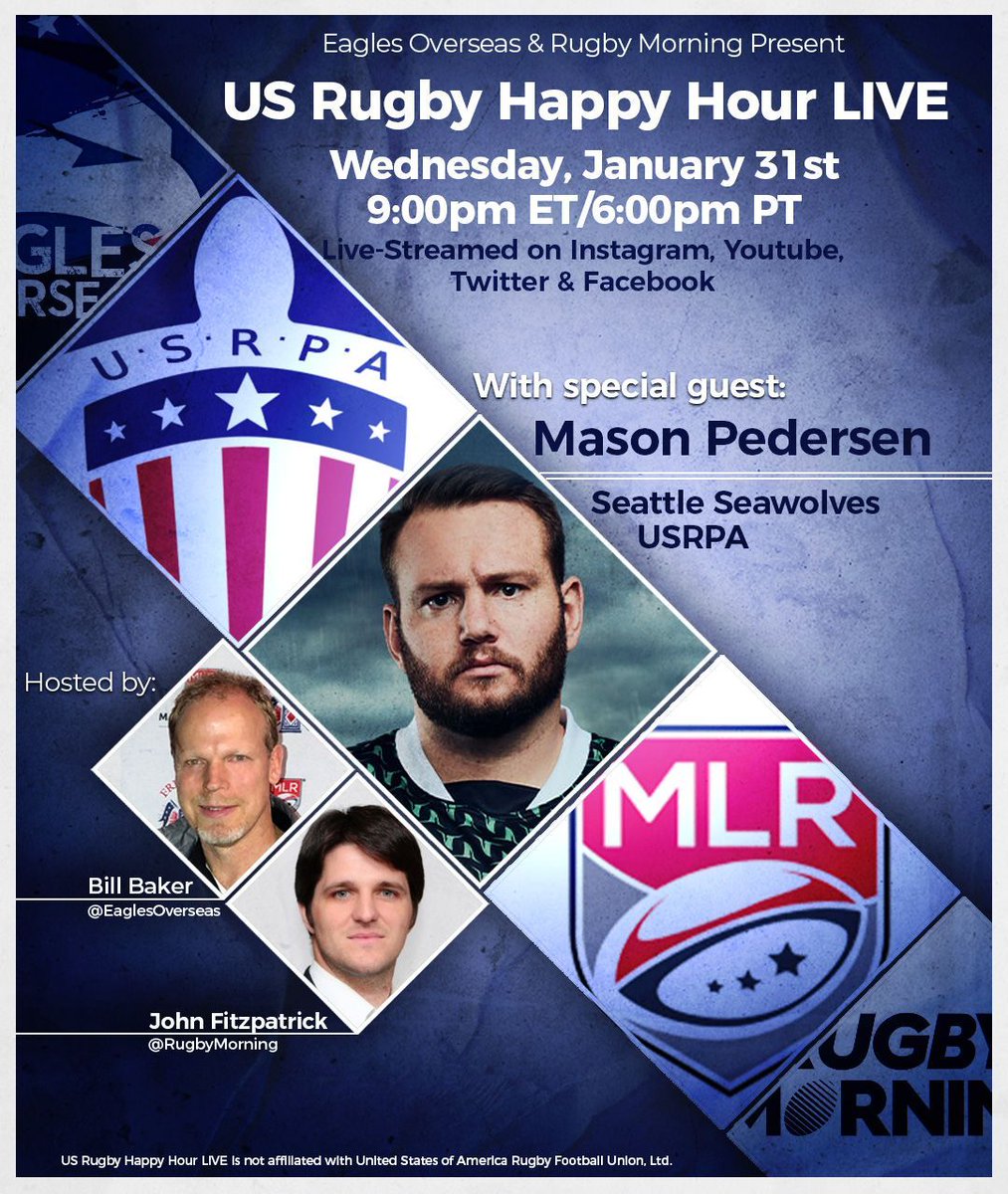 🚨 Join us LIVE Wednesday night when @SeawolvesRugby's Mason Pedersen joins Bill & John to talk about the latest @usmlr and @USARugbyPlayers news, and the season ahead for Seattle! 🏉 Guest: Mason Pedersen ⏰ Weds., 9pm ET/6pm PT 👀 Instagram, Youtube, Facebook & Twitter