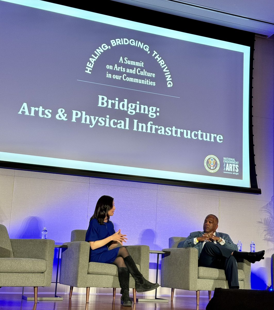 Watch Now! Director Benjamin & @MayorWu in conversation on elevating the arts as part of the @NEAarts and @WhiteHouse Summit! A pivotal moment in highlighting that the arts are essential to progress! Watch live at arts.gov. #HealBridgeThrive