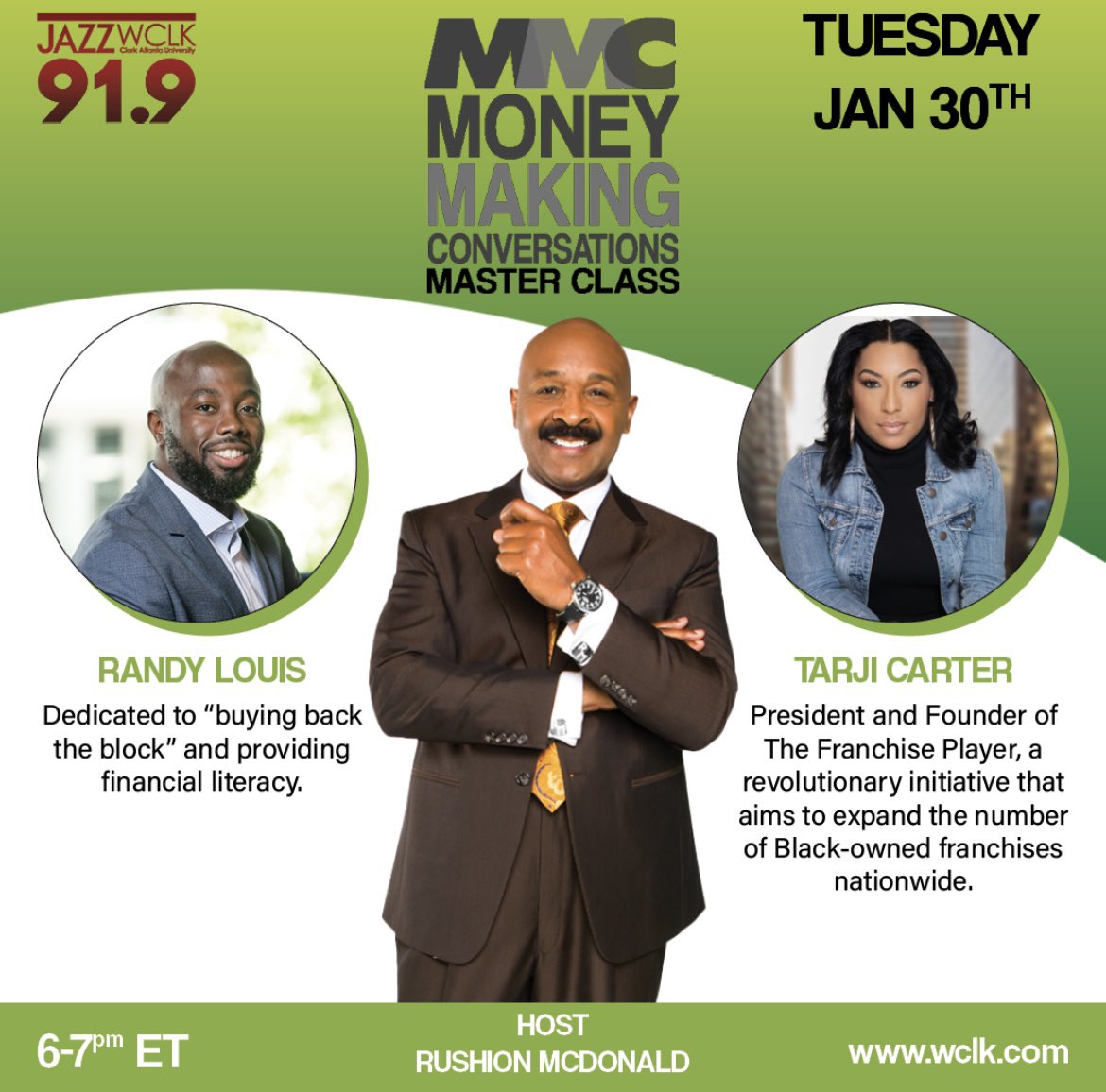 TONIGHT at 6pm 🎧 @RushionMcDonald and @MoneyMakingConv welcomes #RandyLouis and #TarjiCarter ✊🏿 Listen LIVE at WCLK.com or on the #WCLKApp #HBCURadio #CAU #JazzoftheCity