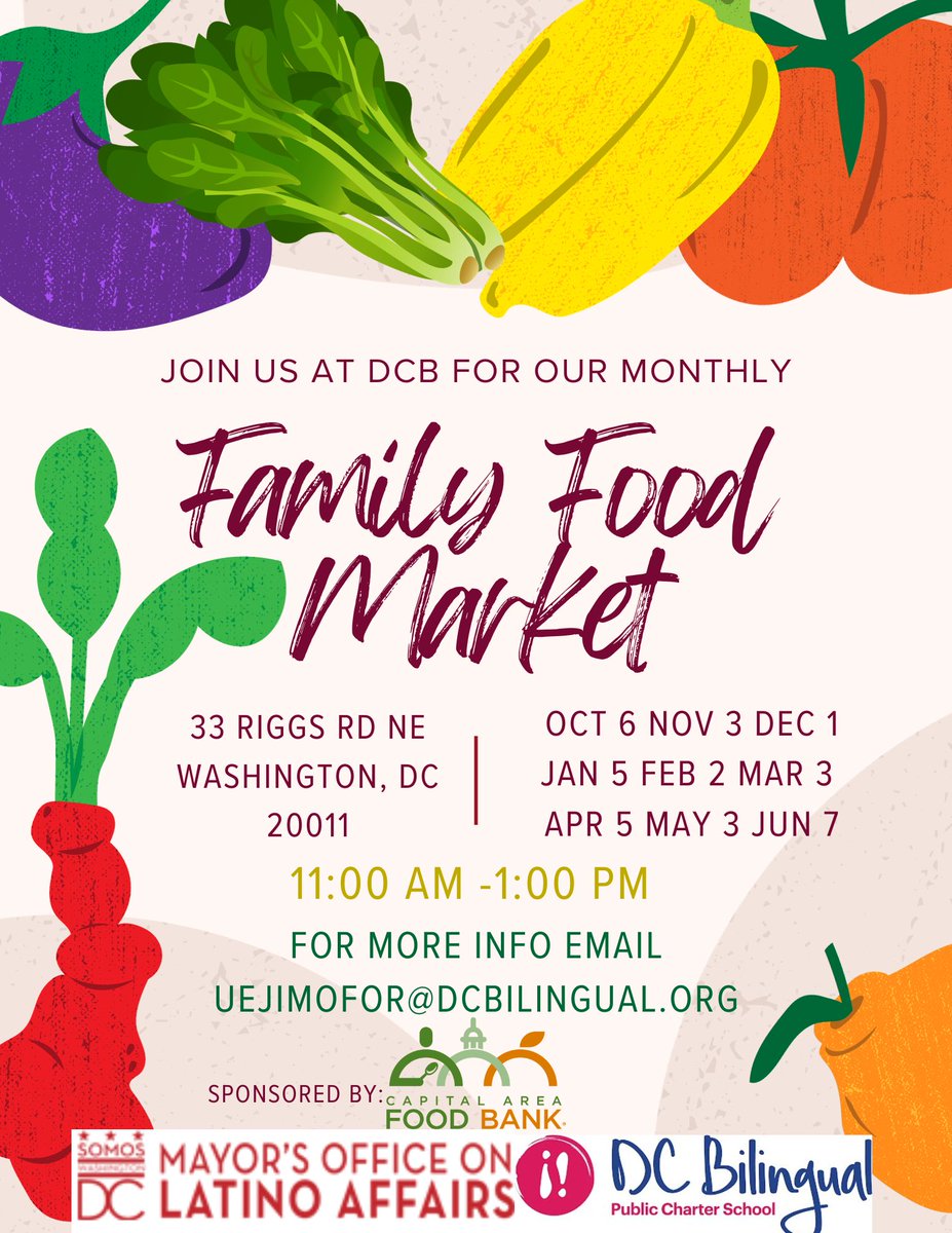 Join our community partners <a href="/foodbankmetrodc/">Capital Area Food Bank</a>  &amp; <a href="/DCBilingual/">DC Bilingual PCS</a> for their family food market every first Friday of the month!