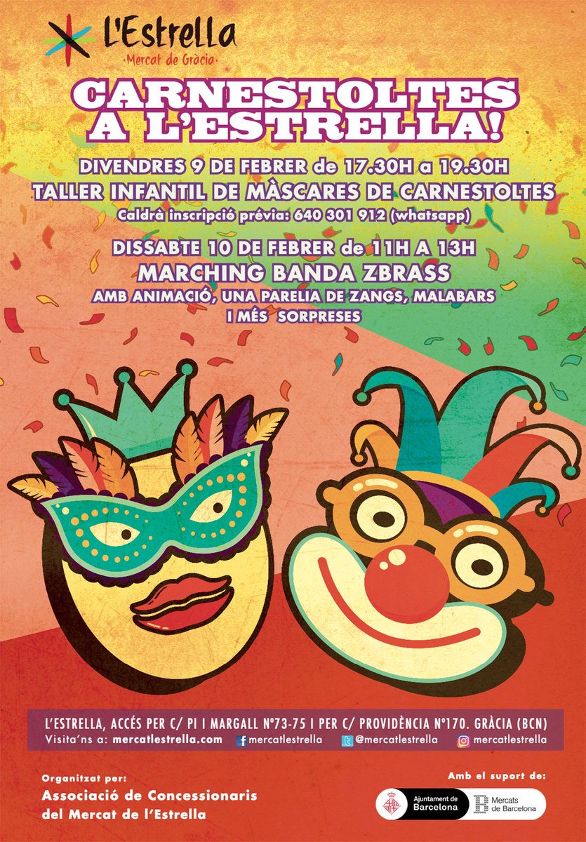 MercatsBCN's tweet image. 🥸 Ja arriba #Carnaval!

🔝 Són moltes les activitats que s'han organitzat als #MercatsDeBarcelona.

🎉 Parades guarnides, #espectacles, activitats familars, degustacions…

ℹ️ Podeu descobrir tota la programació dels diferents #mercats a: ow.ly/mjLi50QvRxI