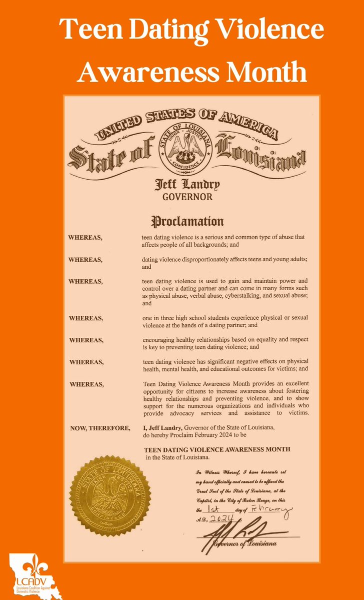 February is Teen Dating Violence Awareness Month. We would like to thank @LAGovJeffLandry for declaring February 2024 as Teen Dating Violence Awareness Month in Louisiana. #TDAM24 #LoveLikeThat #loveisrespect