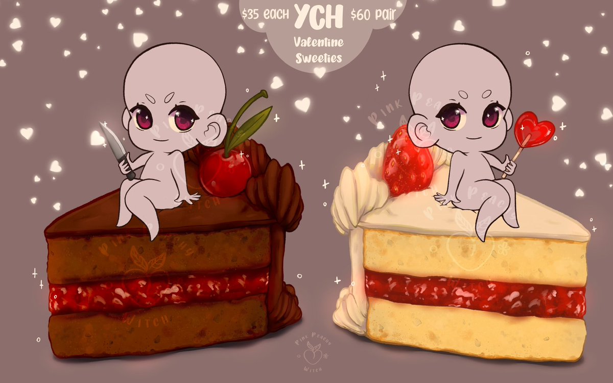 PinkPeachyWitch's tweet photo. 🍰 Valentine Sweeties YCH 🍰 

Will you be my valentine?

- 3 5 one or 6 0 pair
- Multiple Slots
- Human or Anthro

Reply “CLAIM” for a spot 

- RTs are appreciated -

#vtuber #twitch #discord #pngtuber #tiktok https://t.co/KIaqUaoUyM