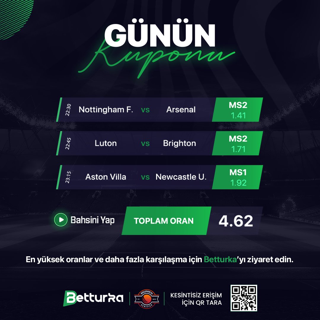 💣 BETTURKA'DA GÜNÜN KAZANDIRAN  KUPONU 💣

🎁En avantajlı bonuslar ile karşılaşmaların heyecanı Betturka'da Yaşanır! 💵

%20 Yatırım Bonusu'na 500₺'ye Kadar %100 Freebet

 Betturka Ailesi Olarak Bol Şanslar diler.

t.me/BetturkaGlobal
girisbetturka.com