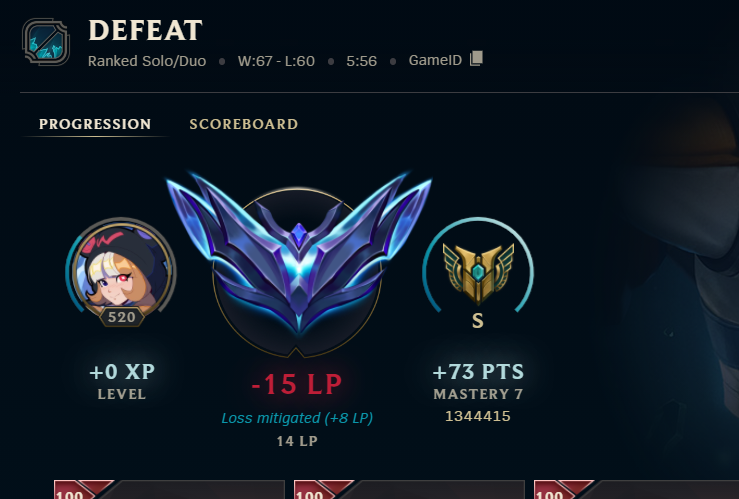 Duhlamina's tweet photo. @RiotPhroxzon Almost lost as much LP from a loss mitigated game as me winning a normal game this is really motivating to play I think https://t.co/Vv0CSASisU