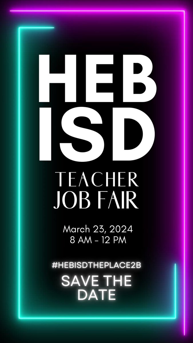 Save the Date! The HEB ISD Teacher Job Fair is fast approaching. Get your resumes ready and come meet us on Saturday, March 23rd. Elementary candidates will meet at the Pat May Center. Secondary candidates will be at the Buinger CTE Academy. More info to follow. #HEBISDtheplace2b
