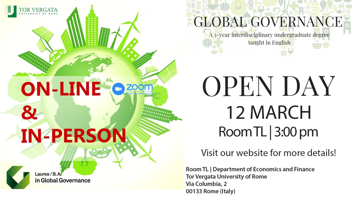 Discover our world and all the services offered at the Global Governance #OpenDay! We will be glad to meet you on line & in-person! 12 March at 3 pm | Room TL @EconTorVergata @GustavoPiga @DEF_TorVergata @Notizieincampus