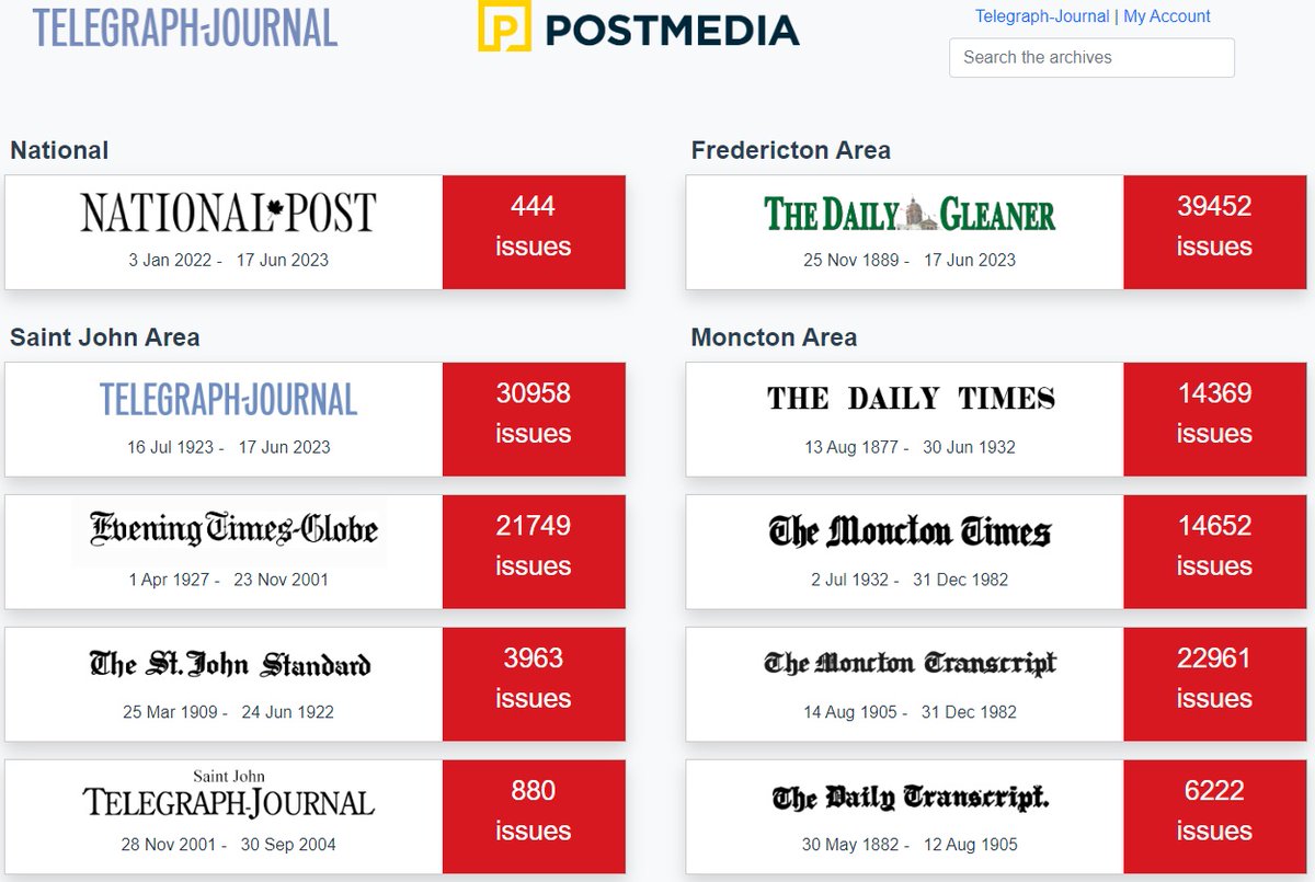 Oh, how we wish this feature was still available! The Digital Archives of the <a href="/TJProvincial/">Telegraph-Journal</a> via <a href="/nationalpost/">National Post</a> <a href="/postmedianet/">Postmedia</a> remains missed &amp; among the craziest decisions by Post Media. Such a blow to NB #genealogy #localhistory #nbheritage #cdnpress