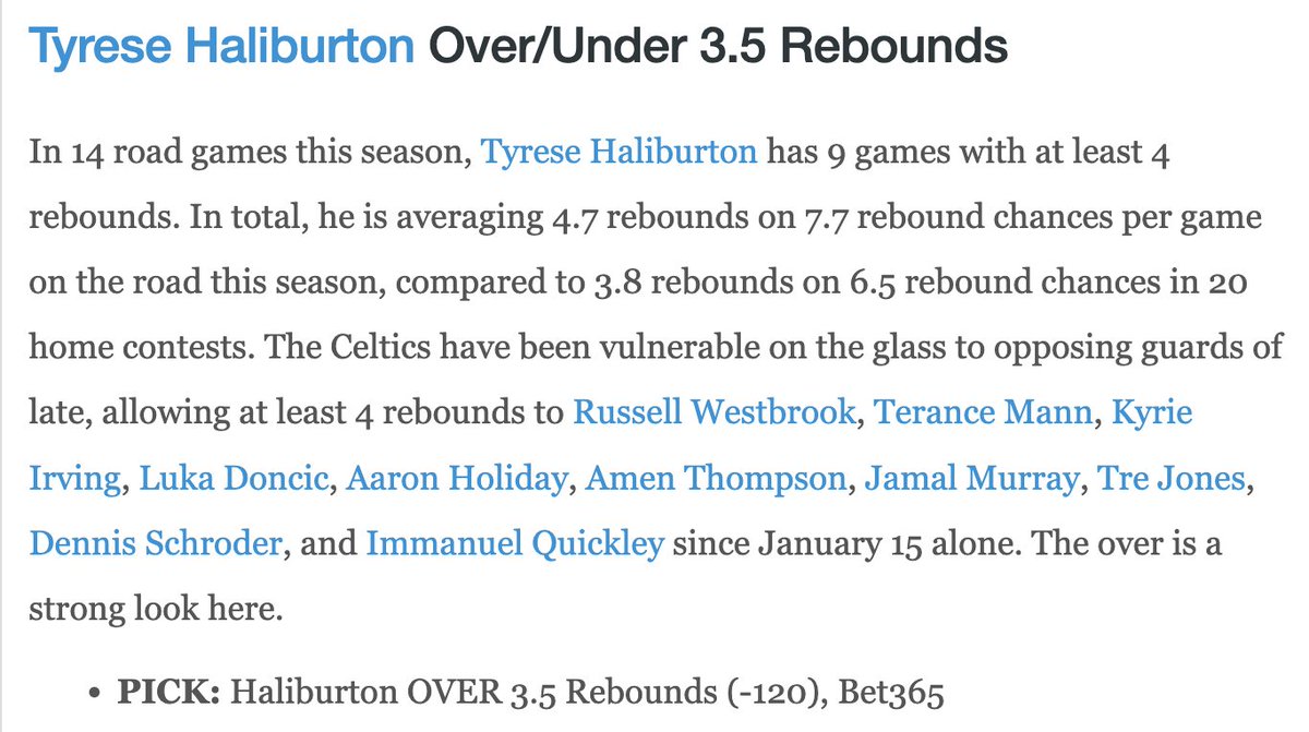 CommishFilmRoom's tweet image. 🏀 Tyrese Haliburton

• Over in 9 of 14 road games
• 4.7 rebounds/road game this year
• 7.7 rebound chances/road game this year

📊 Data Visualization: @propsdotcash 
📝 Write-Up: @RotoGrinders