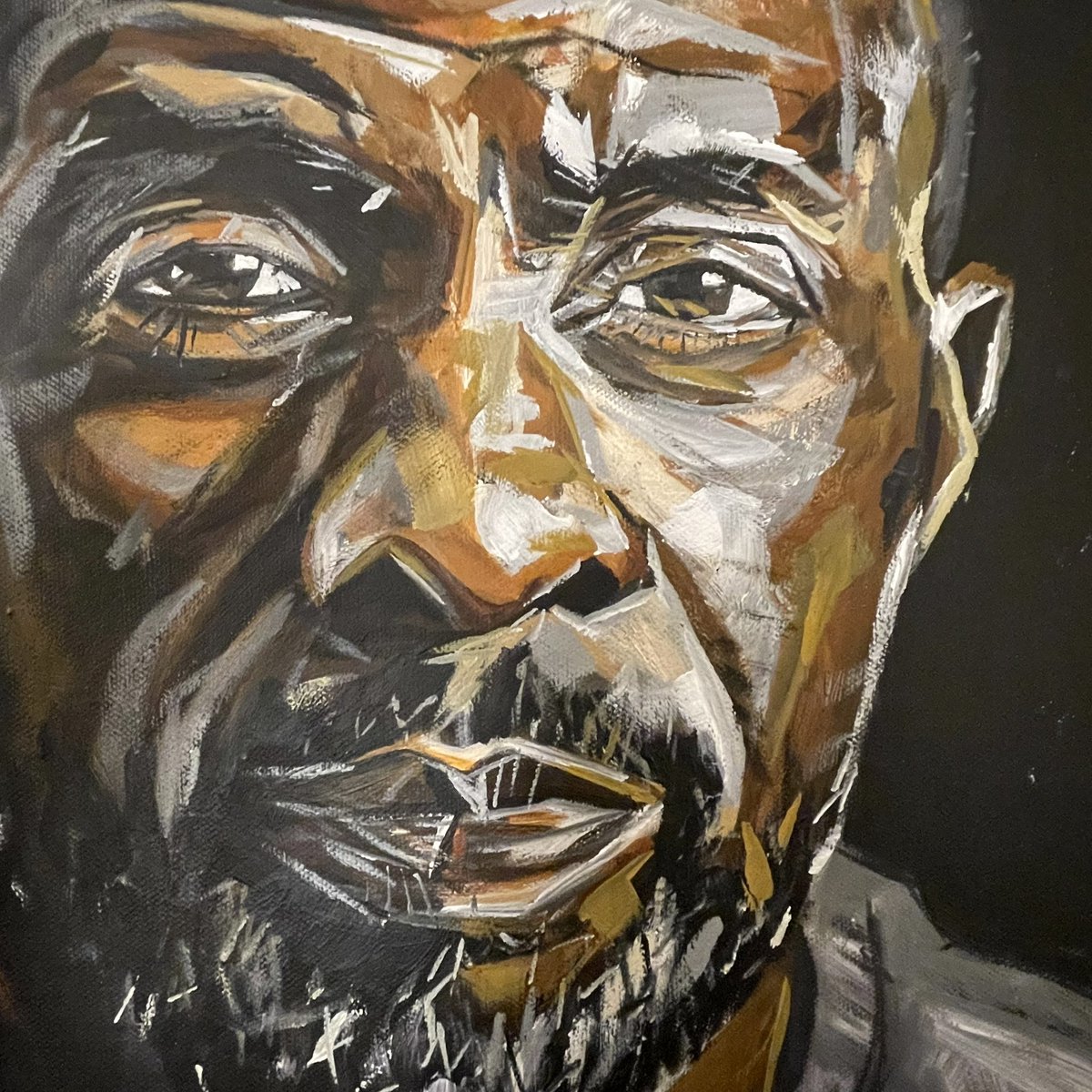 GregSmithArt's tweet photo. 2024. Time for a change. Acrylic paint on canvas panel. Idris Elba and Jodie Comer. While the likenesses are there or thereabouts, this is more about me learning how to use a new media while still keeping the signature style I’ve developed with charcoal. https://t.co/pkqaXZpPr3