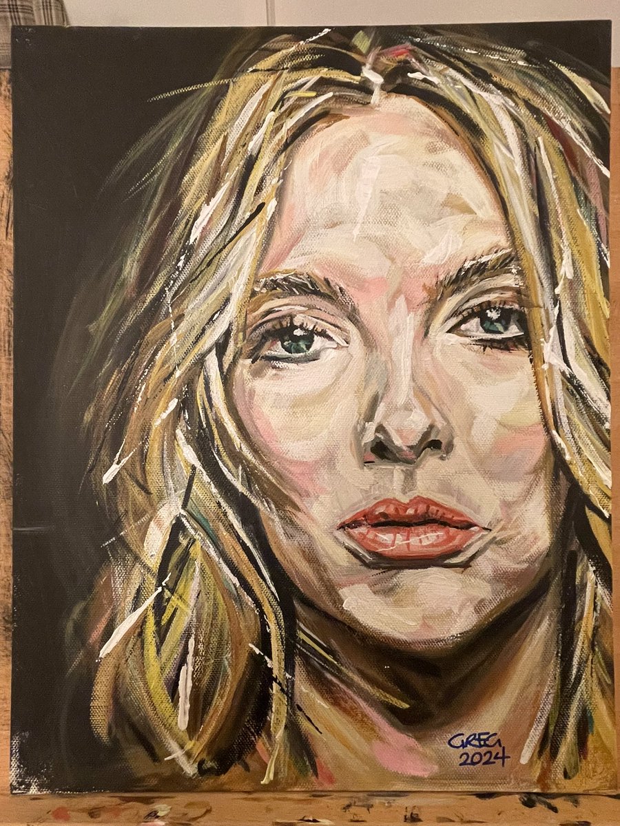GregSmithArt's tweet photo. 2024. Time for a change. Acrylic paint on canvas panel. Idris Elba and Jodie Comer. While the likenesses are there or thereabouts, this is more about me learning how to use a new media while still keeping the signature style I’ve developed with charcoal. https://t.co/pkqaXZpPr3