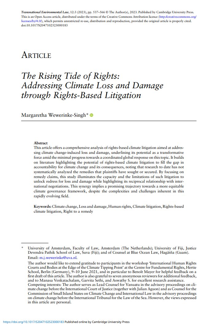 Published #openaccess in the latest issue of @TELjournal: 'The Rising Tide of Rights: Addressing Climate Loss and Damage through Rights-Based Litigation' by @mwewerinke cambridge.org/core/journals/… #biodiversity #humanrights #rightsturn #litigation