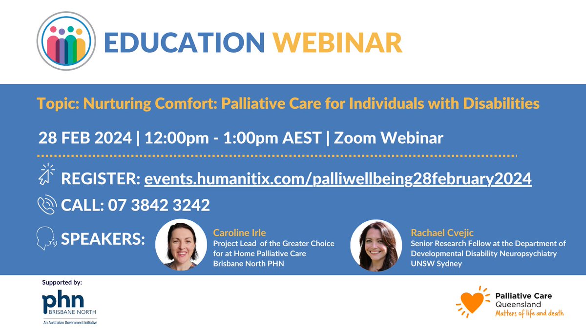 Our first Palliative Care Queensland Webinar for 2024 is scheduled for Wednesday 28th  February! 

To register, click here &gt; events.humanitix.com/palliwellbeing…

#PCQ  #Webinars  #compassionatecommunities  #Education  #Learning #endoflife
