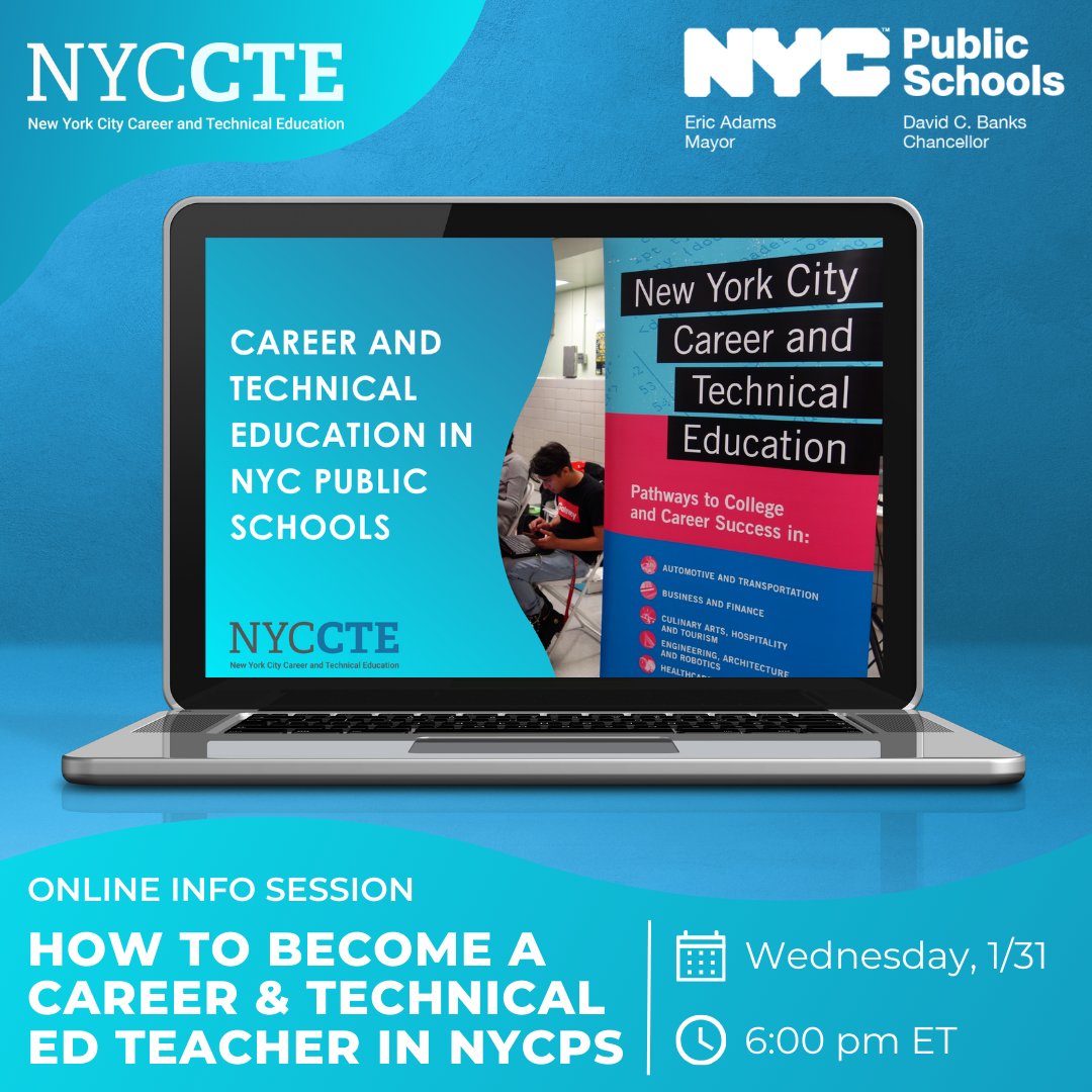 iteachnyc's tweet image. Learn how you can become a CTE teacher in NYC Public Schools! Register for our Virtual Info Session tomorrow, Wednesday, 1/31, at 6:00 pm ET: bit.ly/cte-webinar-x

Visit bit.ly/teach-cte anytime to learn about the many pathways to becoming a CTE teacher.