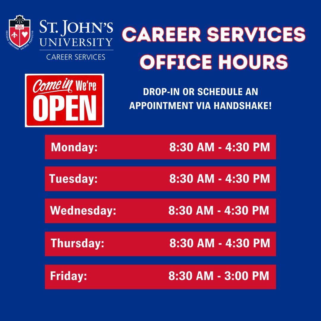 GetHiredSTJSI's tweet photo. Quick reminder about our hours for the semester! We are open Monday through Thursday until 4:30, and 3:00pm on Fridays. You can drop by Flynn all 115 or make a appointment in Handshake! Link in bio for Handshake. https://t.co/AMIjD8Nef3