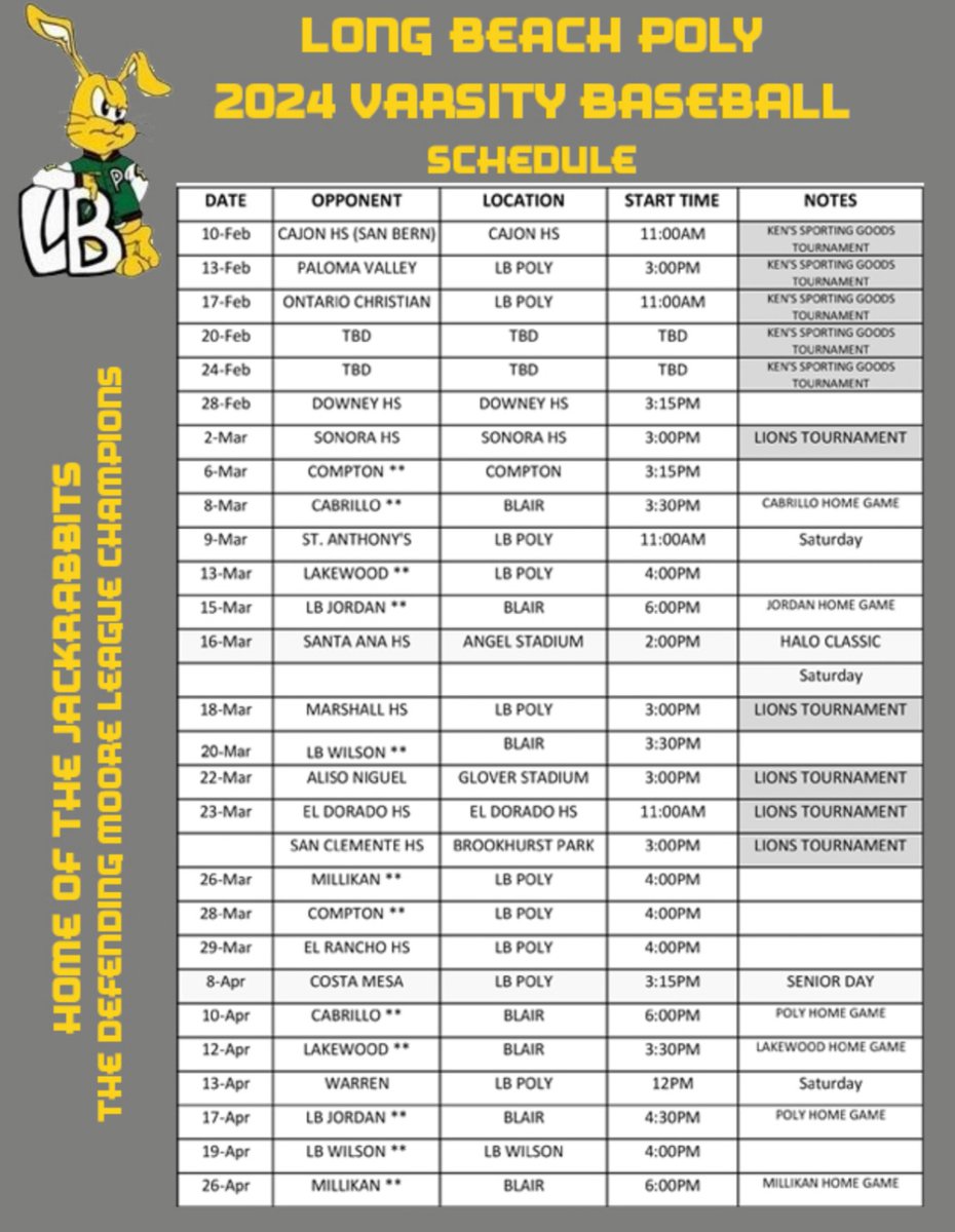 The 2024 
<a href="/LBPolyBaseball/">Long Beach Poly Baseball</a>
 varsity schedule is officially released! Hope to see you all at Gwynn Field, Blair Field and the Big A for a Poly home game or two!  🐰⚾️💚💛🤘