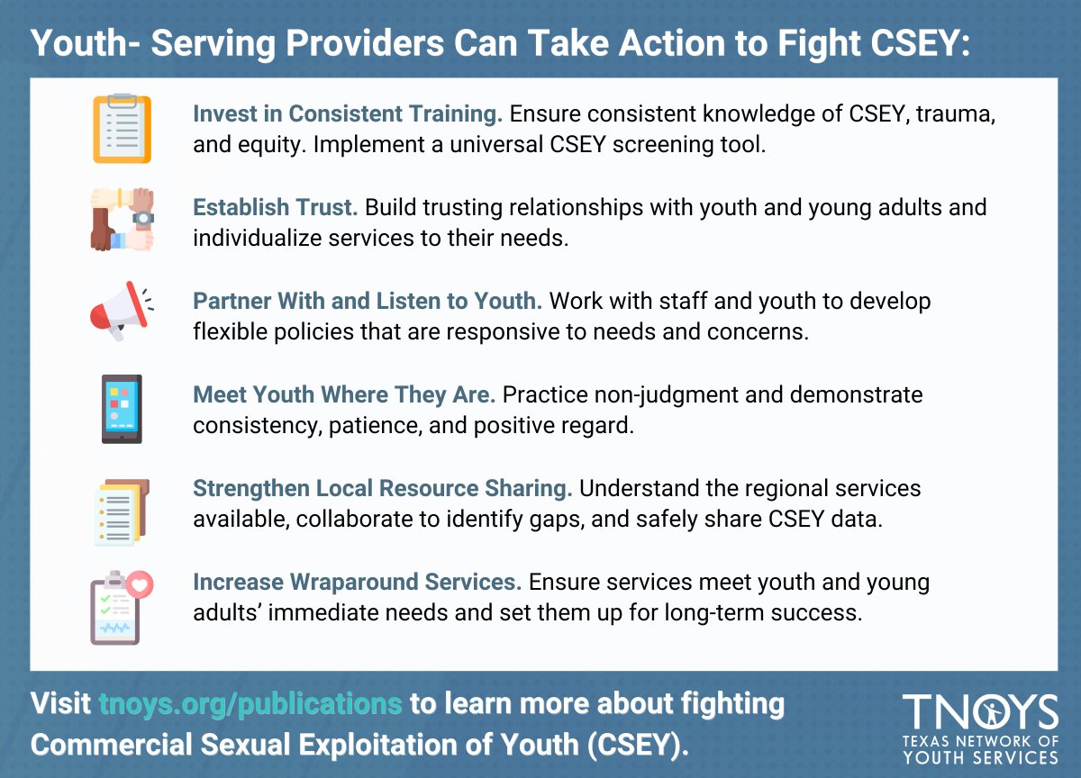 A2: <a href="/TNOYS/">Texas Network of Youth Services (TNOYS)</a> listened to &amp; learned from 120+ youth, young adults, &amp; providers to develop actionable guidance to identify, address, prevent, &amp; #EndHumanTrafficking. See some of our recommendations in this graphic &amp; learn more here: tnoys.org/publications/ #TNOYSTownHall