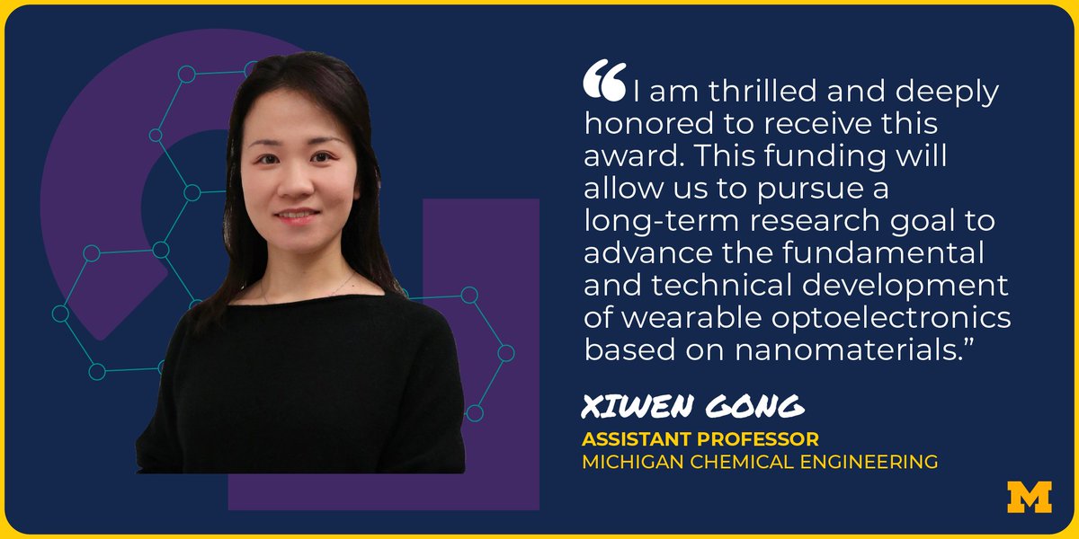 Assistant Professor @XiwenGong has received an @NSF CAREER Award for research that aims to advance the understanding of wearable optoelectronics based on nanomaterials. Read more: michiganche.info/3Ony1sZ