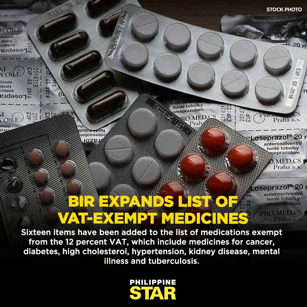 PhilippineStar's tweet photo. The Bureau of Internal Revenue (BIR) has issued an updated list of value-added tax or VAT-exempt medicines for diseases such as cancer, hypertension and diabetes. https://t.co/1MlofYXDrD https://t.co/YfLgPM1yC9