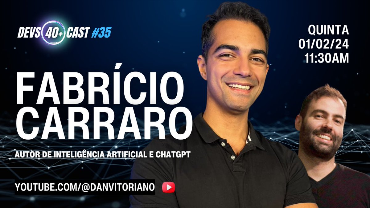devs40mais's tweet image. O próximo convidado do #podcast #Devs40mais, episódio 35, é @fabriciocarraro 🎉 youtube.com/watch?v=NwhDDV…

Ele é autor do recém lançado Inteligência Artificial e ChatGPT, livro da @casadocodigo, e é também Program Manager na @AluraOnline, além de nômade digital e poliglota falando…
