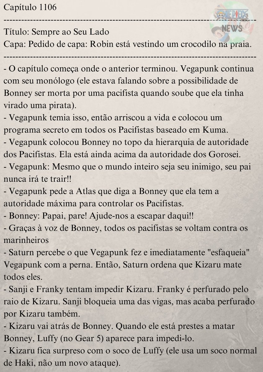 OnePieceNewsASL's tweet image. #ONEPIECE1106
🚨 Spoilers Completos do Capítulo 1106 de One Piece!

Que ABSURDO de capítulo. Estará na briga de melhor do ano sem dúvidas pra mim.

Fiquei arrepiado do começo ao fim da tradução. One Piece é MÁGICO.