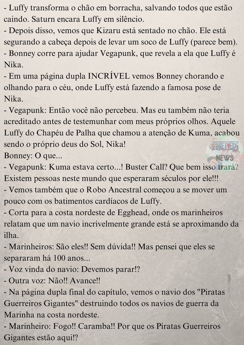 OnePieceNewsASL's tweet image. #ONEPIECE1106
🚨 Spoilers Completos do Capítulo 1106 de One Piece!

Que ABSURDO de capítulo. Estará na briga de melhor do ano sem dúvidas pra mim.

Fiquei arrepiado do começo ao fim da tradução. One Piece é MÁGICO.