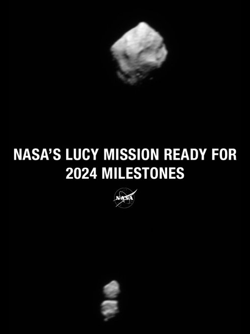 Against the blackness of space, a diamond-shaped asteroid is on the top of the image. It's lit from the top. At the very bottom of the image, two small rocks are next to each other. There's a black line in between them which is a shadow from the left-hand rock. In between, the words "NASA's Lucy mission ready for 2024 milestones" is in white with the NASA insignia below. 