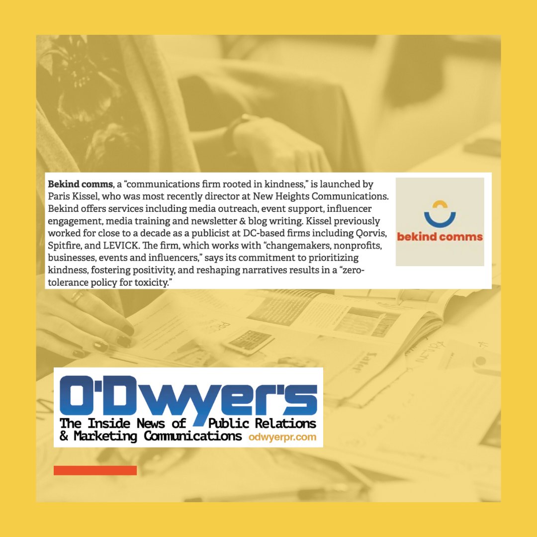 bekindcomms's tweet photo. Thank you, @odwyerspub, for including bekind comms in your News of Firms! #PRAgency #publicrelations #communications #kindnessmatters https://t.co/hRFX0F92Lj https://t.co/7z4P7dfWuP
