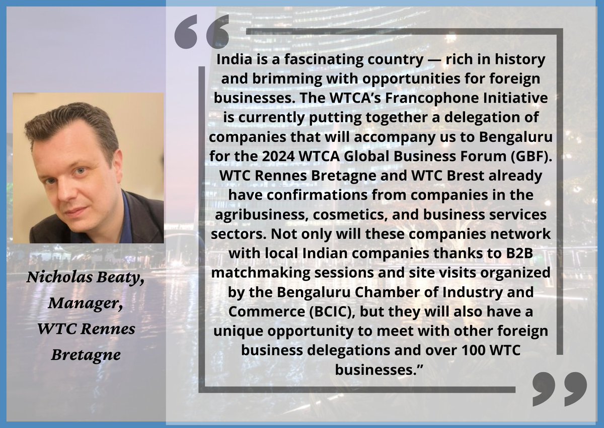 WTCA (@wtca) on Twitter photo LAST CALL for early bird registration & to save 30% on select tickets for the 2024 #WTCA GBF. <a href="/nicholasbeaty/">Nicholas Beaty</a> (<a href="/WTCbretagne/">WTC Rennes Bretagne</a>) shares: "We already have confirmations from companies... to network w/ local Indian companies thanks to B2B matchmaking sessions from @BCIC..." LAST CALL for early bird registration & to save 30% on select tickets for the 2024 #WTCA GBF. <a href="/nicholasbeaty/">Nicholas Beaty</a> (<a href="/WTCbretagne/">WTC Rennes Bretagne</a>) shares: "We already have confirmations from companies... to network w/ local Indian companies thanks to B2B matchmaking sessions from @BCIC..."