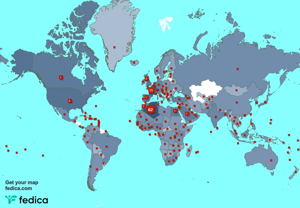 J'ai 285 nouveaux abonnés, de Algérie 🇩🇿, France 🇫🇷, Japon 🇯🇵, et plus la semaine dernière. Voir fedica.com/!Discover_DZ