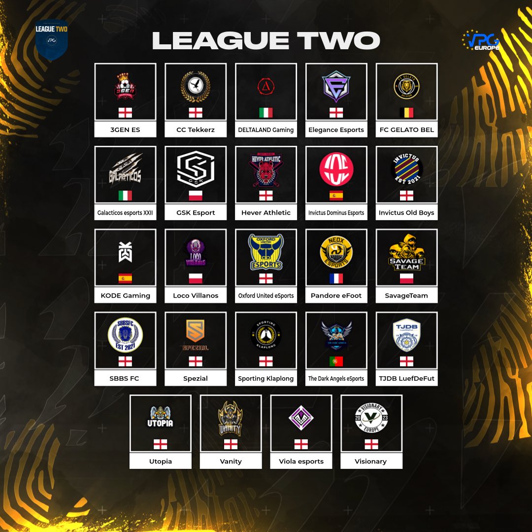 Virtual Pro Gaming (@officialvpg) on Twitter photo ๐ฆ Welcome to the League Two
๐ช๐บ <a href="/VPGEurope/">Virtual Pro Gaming | Europe</a>
๐ Pyramid Level 5
๐ป League Page: virtualprogaming.com/league/League-โฆ
โฝ๏ธ Teams:
@VPGUtopia
@Selecao_Esp
<a href="/Pandore_eFoot/">Pandore eFoot</a>
<a href="/villanks/">LocoVillanos</a>
<a href="/DELTALANDGaming/">DELTALAND</a>
@VisionaryEurope
<a href="/22Galacticos/">Galacticos Ladispoli Esports</a>
@IDEsportsGG
@11svanity
<a href="/EleganceEsport/">Elegance Esports</a>
@KODEgamingES
<a href="/SpKlaplong/">Sporting Klaplong</a> ๐ฆ Welcome to the League Two
๐ช๐บ <a href="/VPGEurope/">Virtual Pro Gaming | Europe</a>
๐ Pyramid Level 5
๐ป League Page: virtualprogaming.com/league/League-โฆ
โฝ๏ธ Teams:
@VPGUtopia
@Selecao_Esp
<a href="/Pandore_eFoot/">Pandore eFoot</a>
<a href="/villanks/">LocoVillanos</a>
<a href="/DELTALANDGaming/">DELTALAND</a>
@VisionaryEurope
<a href="/22Galacticos/">Galacticos Ladispoli Esports</a>
@IDEsportsGG
@11svanity
<a href="/EleganceEsport/">Elegance Esports</a>
@KODEgamingES
<a href="/SpKlaplong/">Sporting Klaplong</a>