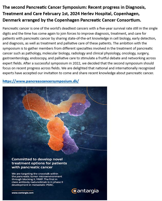 Ringdyva's tweet photo. Cantargia.
The second Pancreatic Cancer Symposium: Recent progress in Diagnosis, Treatment and Care February 1st, 2024 Herlev Hospital, Copenhagen, Denmark. https://t.co/TDdKxNowVt