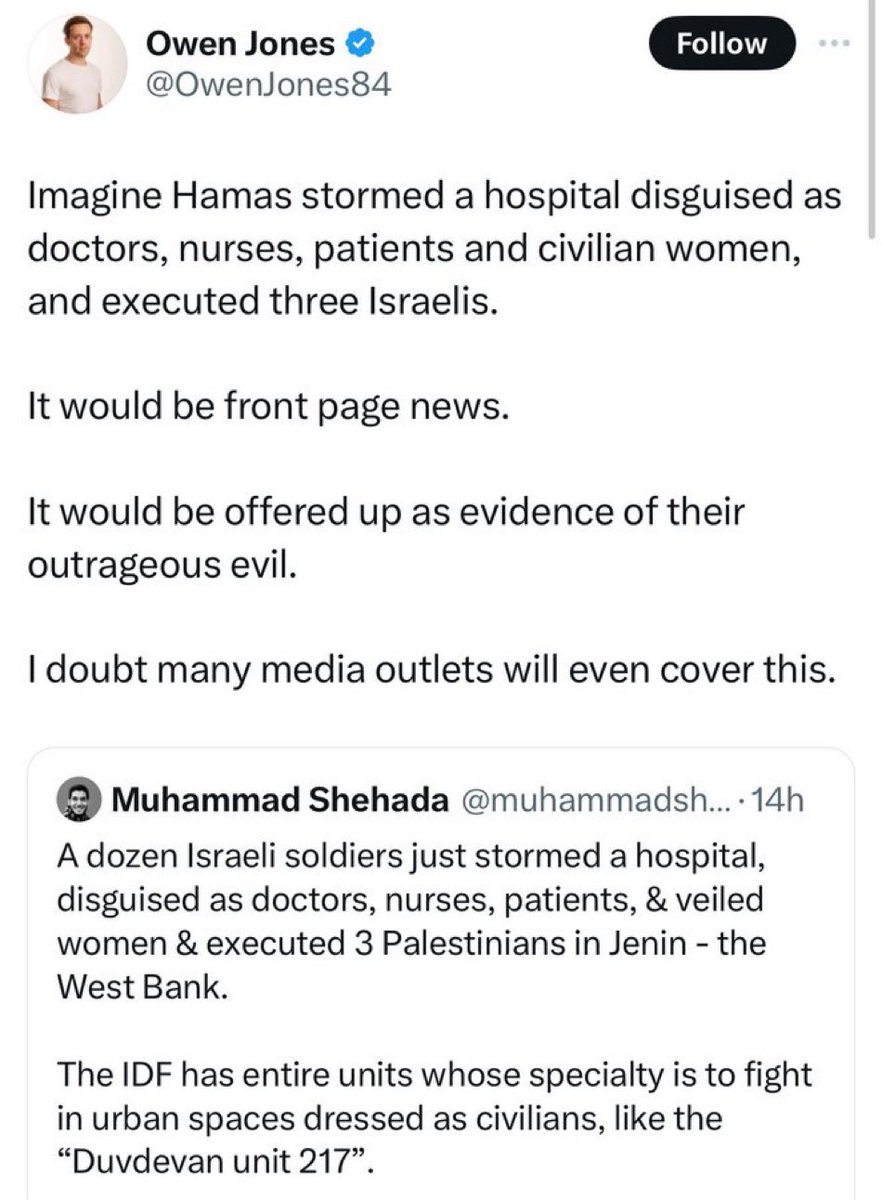 In the world of Chief Hamasexual Owen Jones, South Africa is “leader of the free world” and Israeli soldiers going undercover to execute 3 Hamas terrorists is somehow terrible.
