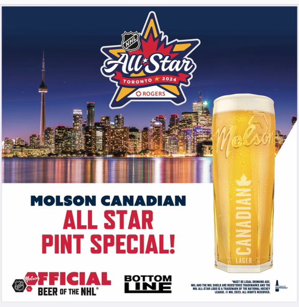 BottomLine_TO's tweet image. Molson Canadian is the official beer of the NHL. All Star Pint Special at The Bottom Line Sports Bar! #nhlallstar #toronto #molson