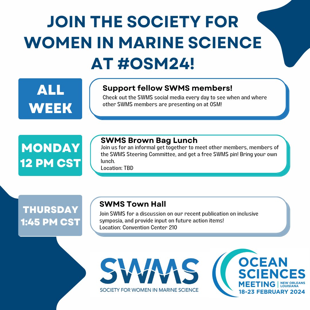 #OSM24 starts in 2 weeks! We can't wait to see you in New Orleans! SWMS will be hosting events throughout the week, and sharing the presentations of our members! Check out what we will be up to below!