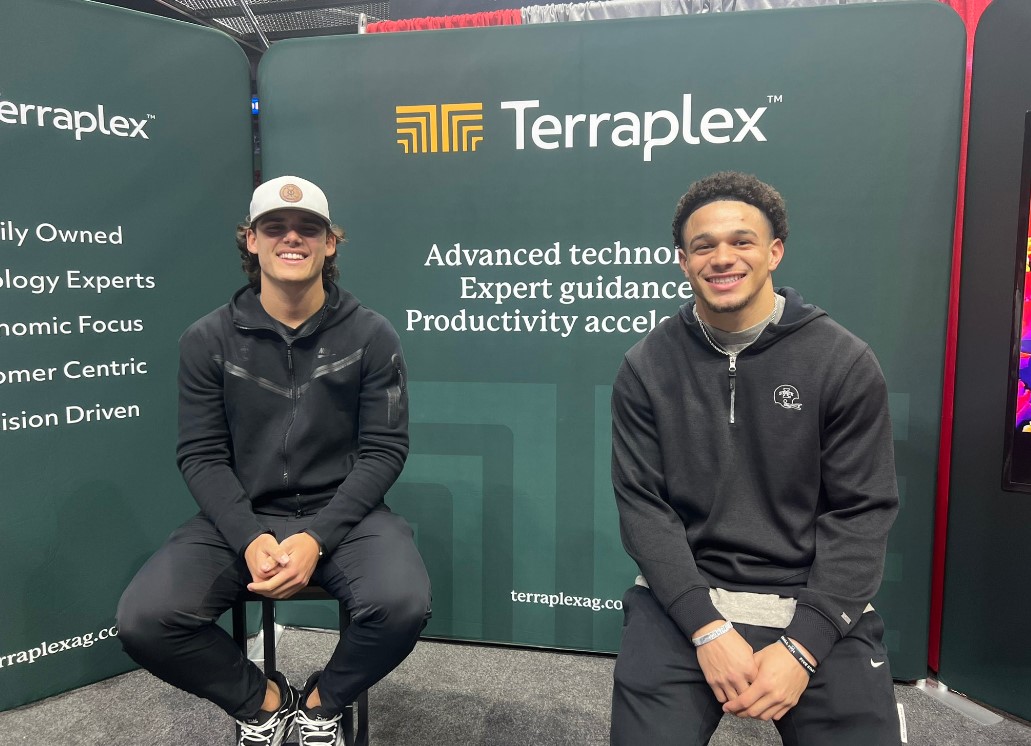 Iowa State Cyclone Football quarterback Rocco Becht and wide receiver Noel Jaylin helped kickoff Day 1 at the Iowa Ag Expo with a 'Meet and Greet' event for Iowa farmers and their families at Terraplex booth (#3300). #iae24 #terraplexag