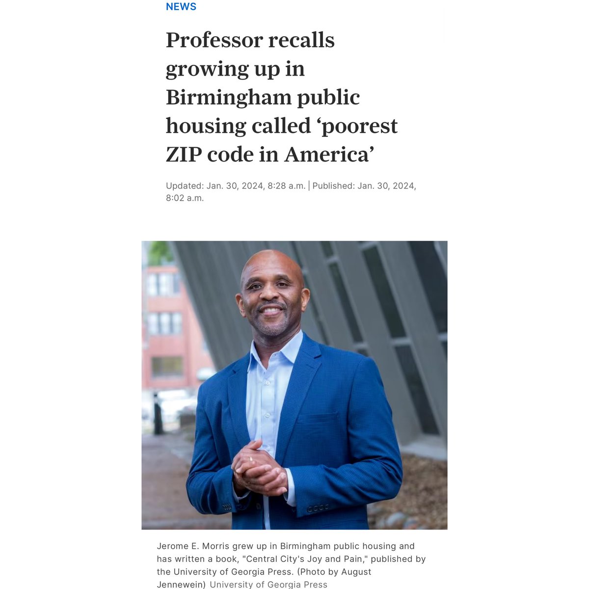 ✨Check out this awesome article from <a href="/aldotcom/">AL.com</a> about <a href="/DrJeromeMorris/">Jerome E. Morris, PhD</a>’s new book, Central City’s Joy and Pain! 

al.com/news/2024/01/p…

#CentralCitysJoyAndPain