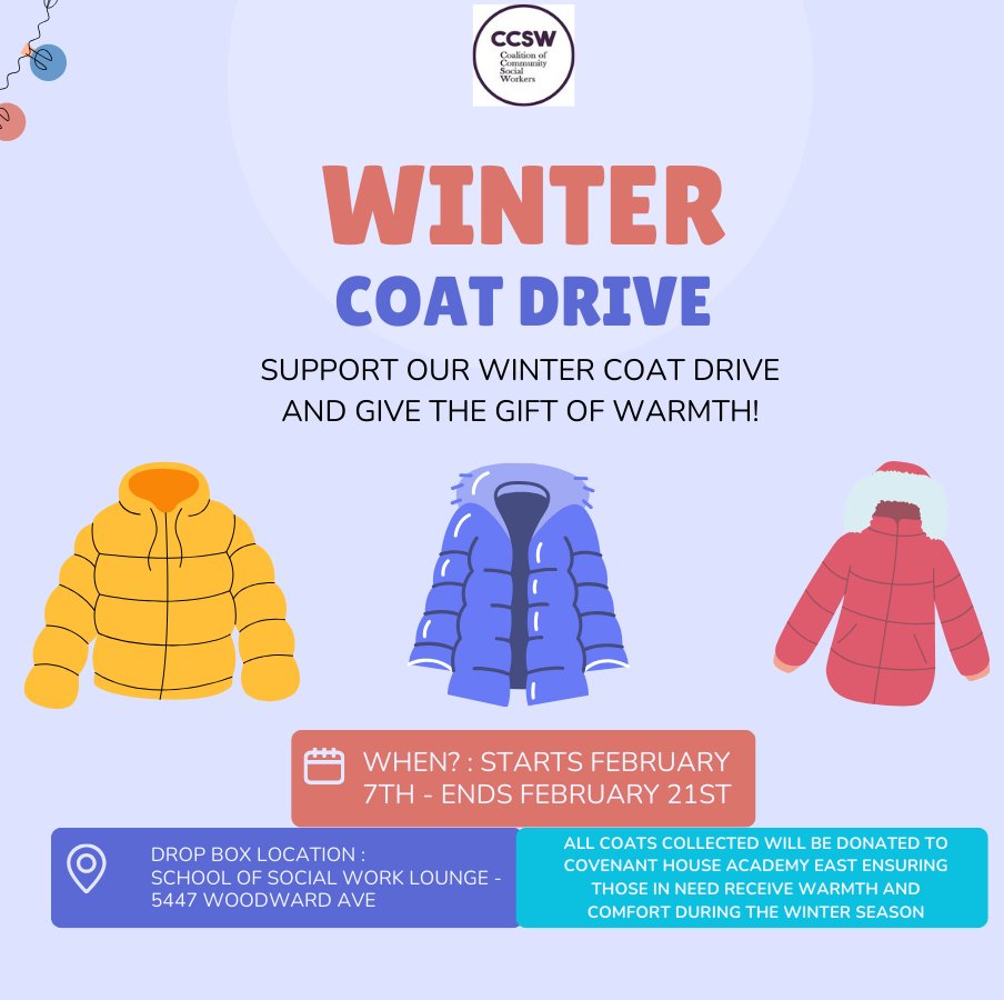 WSU_Social_Work's tweet image. Does it feel chilly outside to you? Imagine not having a warm coat on a Detroit winter day. We encourage you to clean out your closet and select some gently used coats or swing by the store and pickup a new coat for the CCSW Winter Coat Drive from Feb. 7 - 21st. #GiveGenerously