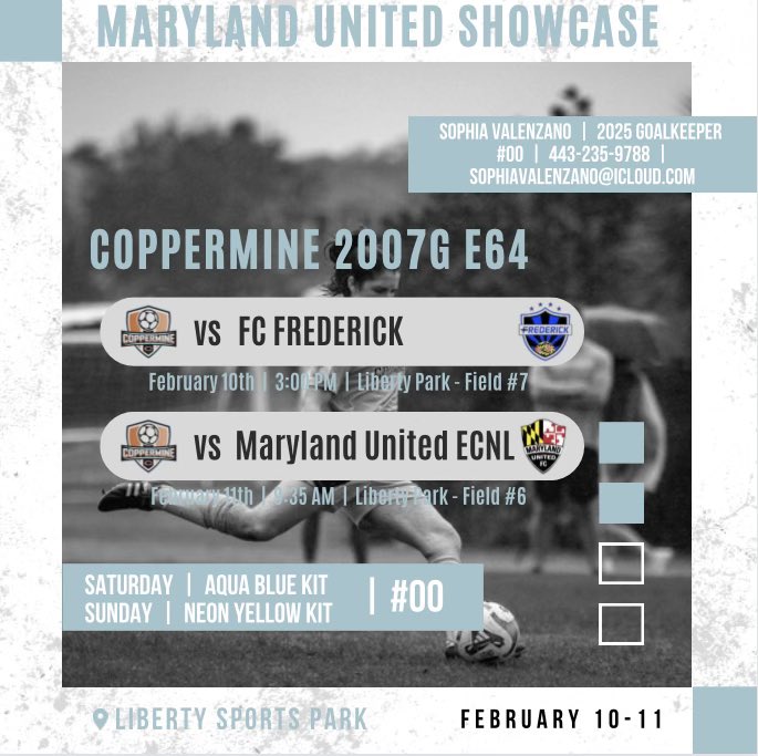 Playing a little closer to home next weekend - February 10-11. Come see us if you’re in the Bowie, MD area! 

@ImCollegeSoccer @ImYouthSoccer @TopPreps @SSN_NCAASoccer @BaltNGSoccer @YAthletesF @_SoccerTrainer @NcsaSoccer @SoccerMomInt @collegesocfindr @UncommittedGrls