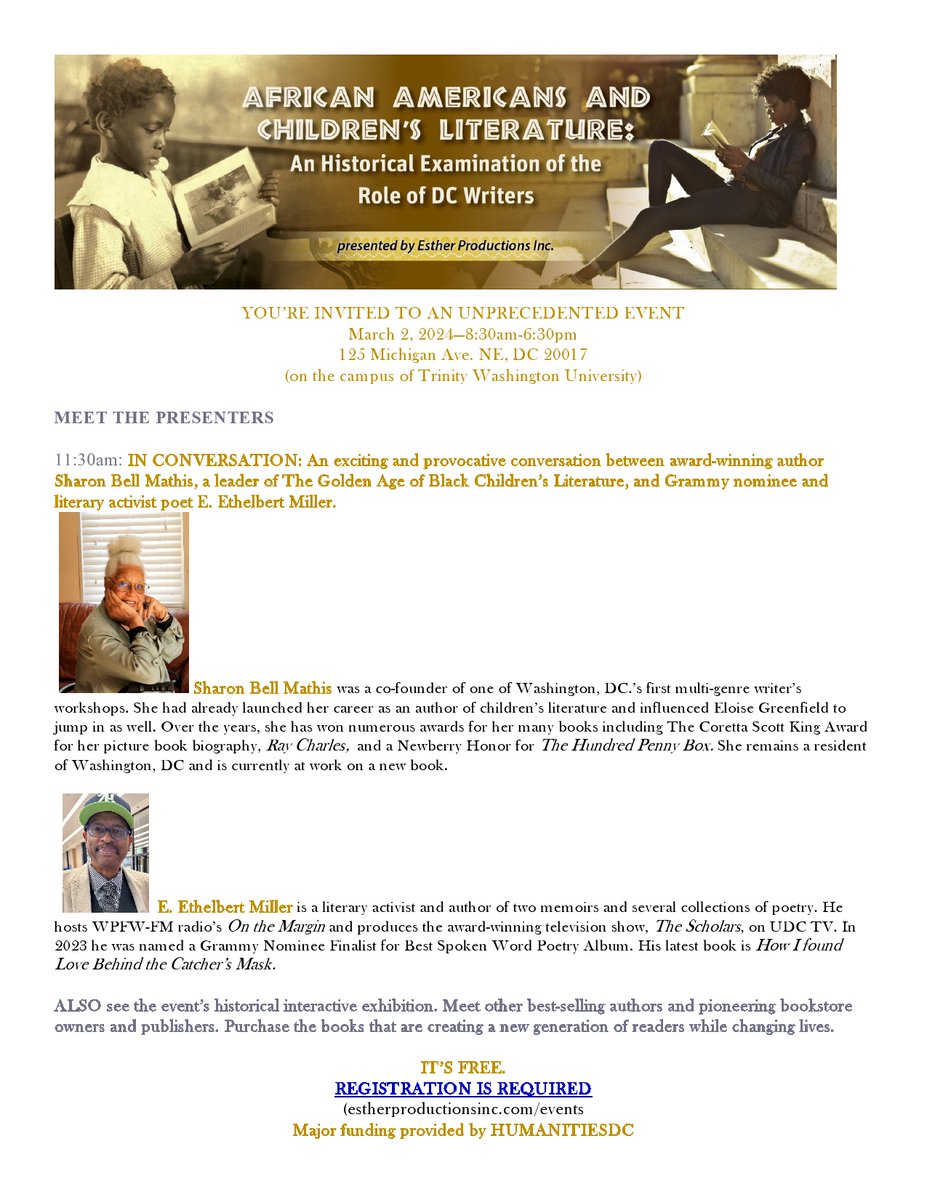 Join Sharon Bell Mathis and Ethelbert Miller for LUNCH TIME CONVERSATION which is a part of the African Americans and Children's Literature: A Symposium and Exhibition which is scheduled to take place on March 2, 2024 at Trinity Washington University.
#dmv