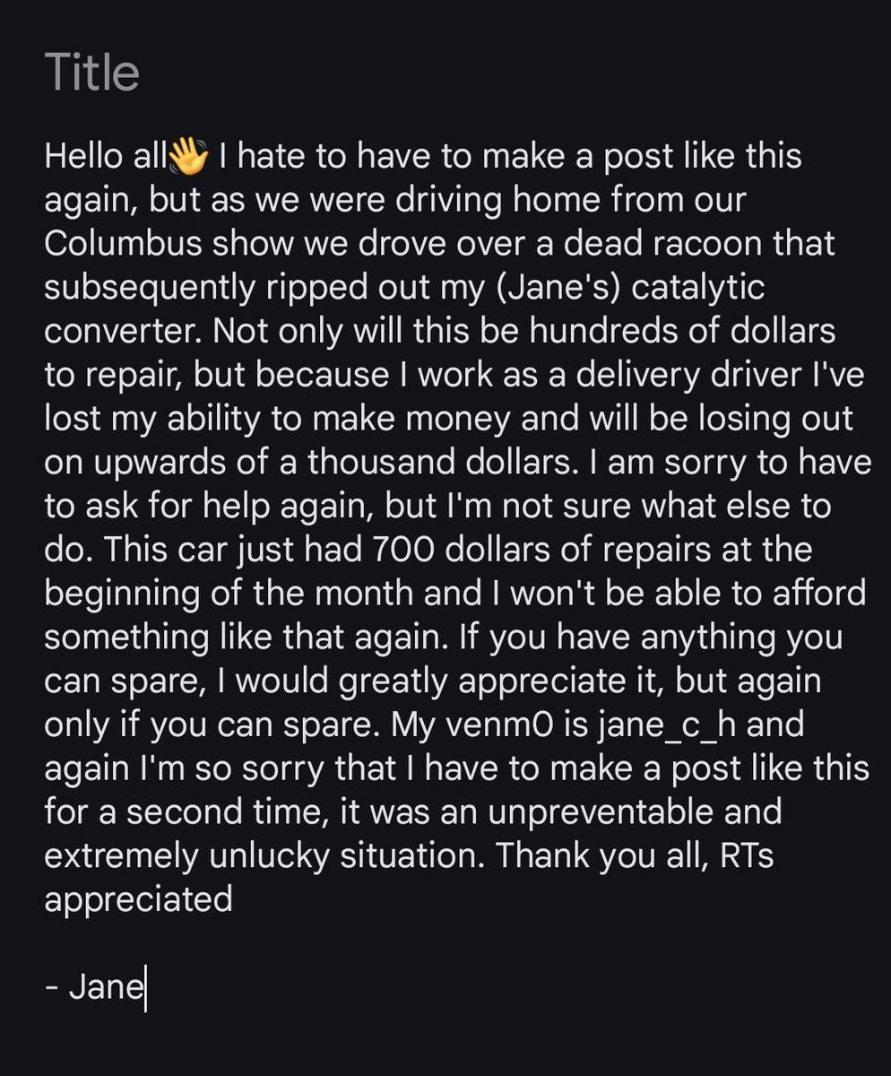 Everyone's safe but it was a scary drive home, if you can donate anything to Jane she'd and we'd appreciate it