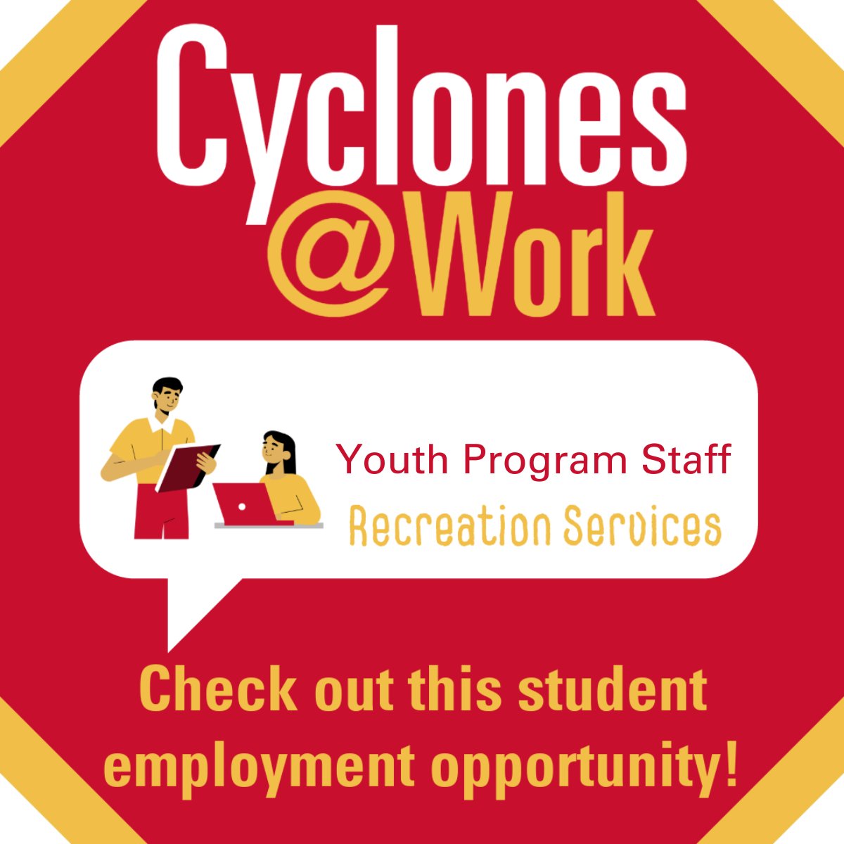 IAStateFinAid's tweet image. Summer jobs available✨
Recreation Services is hiring Youth Program Staff. Find the job posting on the Student Job Board in AccessPlus for more information.
#CyclonesatWork