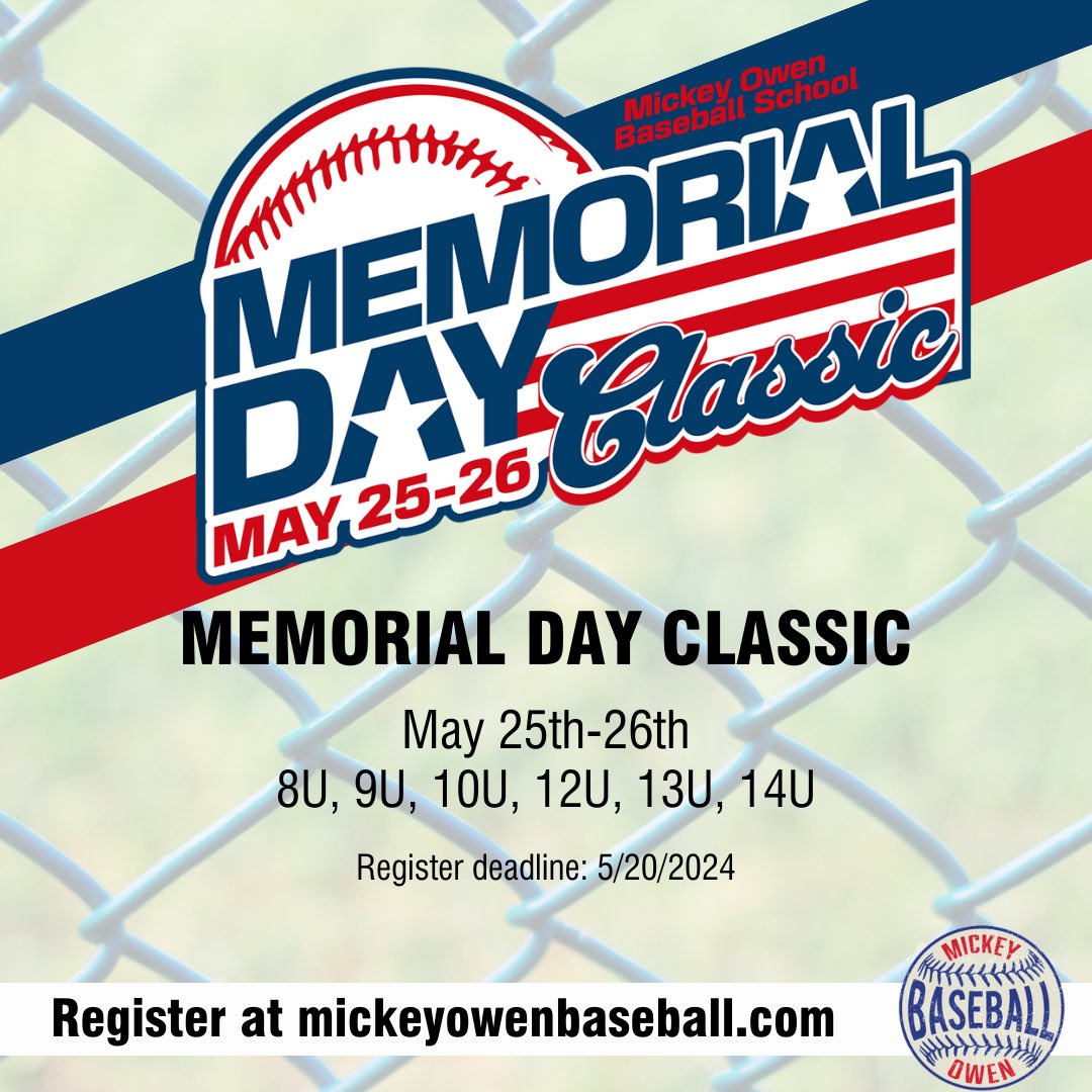 ⚾️ TOURNAMENT TUESDAY: Memorial Day Classic ⚾️

•When: May 25th-26th, 2024
•Divisions: 8U, 9U, 10U, 12U, 13U, 14U 

Register today➡️ app.eventconnect.io/events/28208/r…
